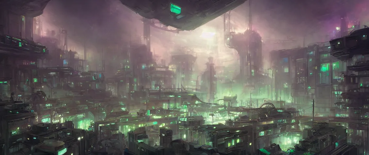 Prompt: futuristic city of factories, concept art, digital painting, style of jordan grimmer, dark green lighting, futuristic, volumetric lighting, view from below, symmetrical, vivid colours, bright, daytime, godrays