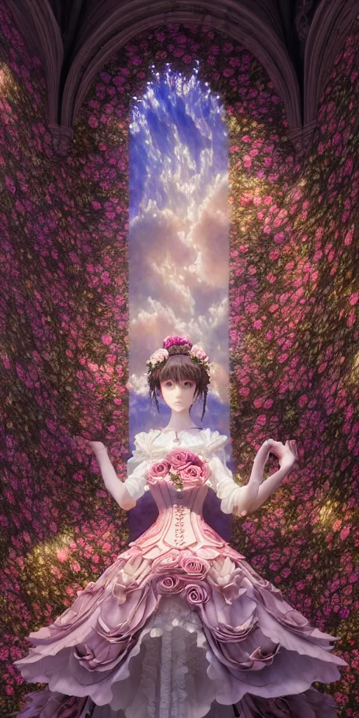 Image similar to the beautiful hyperdetailed physical rendering of a single rose flower wedding gothic lolita dress clothing design display in show in front of your eyes, perfectly shaded, atmospheric lighting, in the style of makoto shinkai, raphael lacoste louis comfort tiffany, stanley artgerm lau, wlop, rossdraws, 8 k hd, fine texture structure, 3 drender,