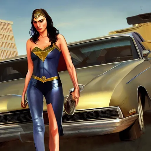 Image similar to gal gadot in gta v, cover art by stephen bliss, artstation, no text