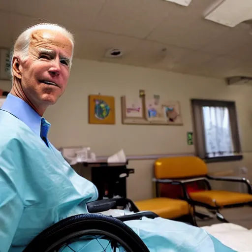 Image similar to a professional atmospheric film like 35mm photograph of Joe Biden wearing a garish hospital gown is drooling with late stage Dementia in a wheelchair at a disgusting run-down senior citizen rest home, there is full bedpan next to him