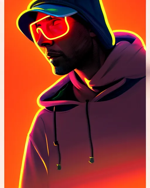 Image similar to neo - noir art style, hyper - realistic detailed portrait of a man in a hoodie, with neon visor, dynamic pose, symmetrical background, by atey ghailan, by greg rutkowski, by greg tocchini, by james gilleard, by joe fenton, by kaethe butcher, sharp focus