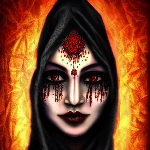 Image similar to beautiful Hindu lady of the dark with veil, in darkness, cover with blood, horror terrifying, soft light, surreal realistic, photorealistic, hyper details, full HD, 8k!