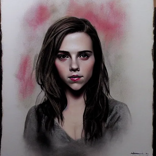 Prompt: portrait of girl who look like a mix of emma watson, scarlett johansson, nathalie portman, very detailled, by artgem