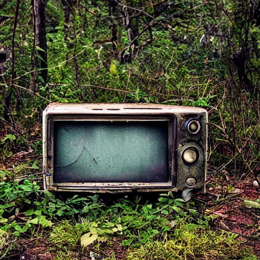 Image similar to a 1970's television abandoned in a forest, overgrown with vines, 4k, realistic