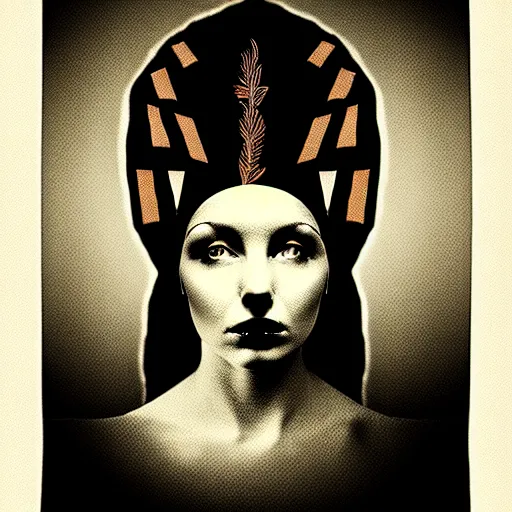 Prompt: a print of a woman's head with a headdress, dark vibe, esoteric, monochrome,