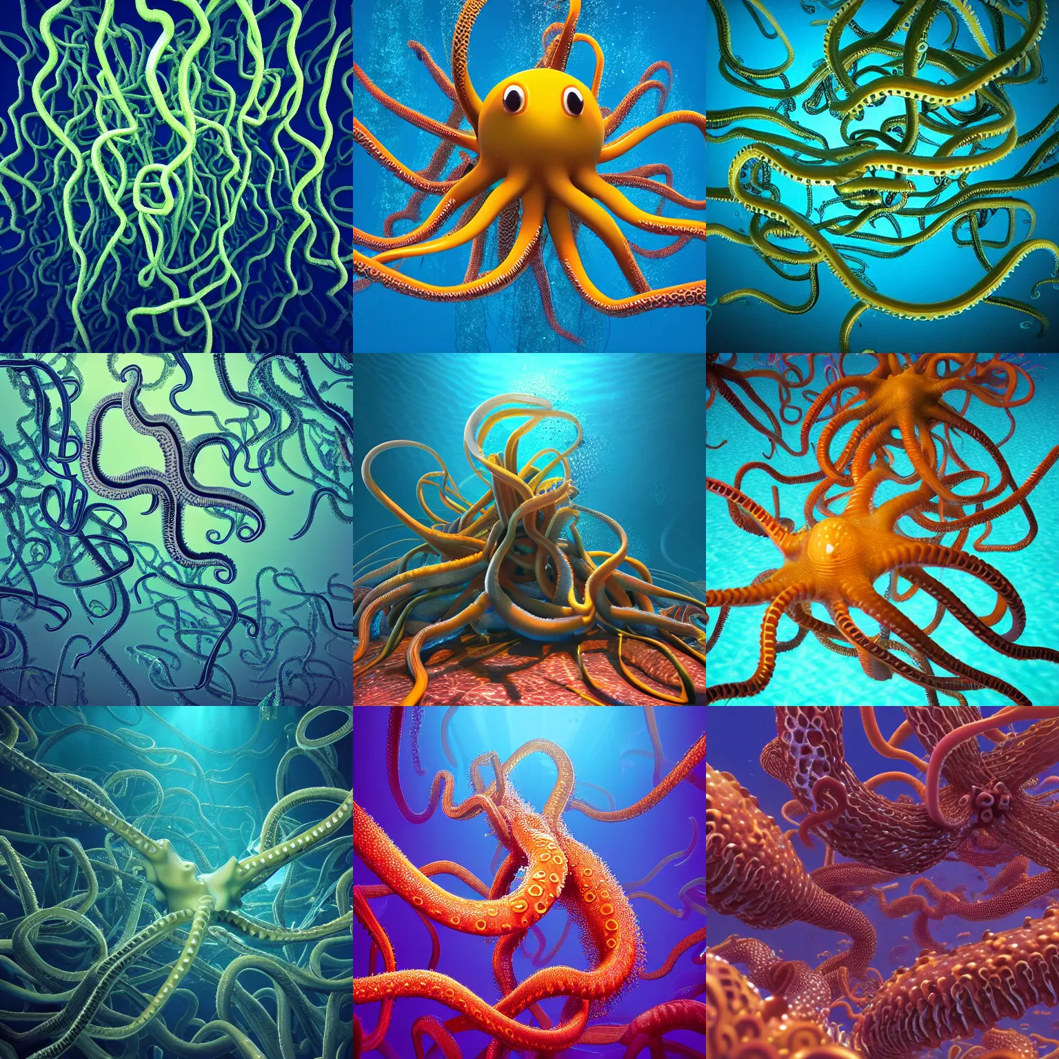 Prompt: “an underwater swarm of tentacles by Pixar, ray tracing, 8k”