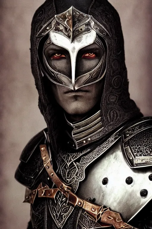 Image similar to head and shoulders portrait of an eldritch knight, drow, dark elf, shadar kai, male, breastplate, magical, high fantasy, d & d, by annie liebovitz, face details, extremely detailed, vogue fashion photo