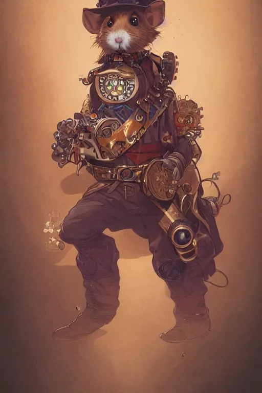 Image similar to anthropomorphic hamster as steampunk half - cyborg, western gunslinger, high fantasy, dnd, smooth, sharp focus, illustration, highly detailed, digital painting, artstation, concept art, by disney animation, rossdraws, alphonse mucha, frank fanzzeta, collectible card art