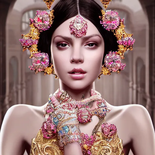 Image similar to portrait of pretty princess with perfect skin, glowing, ornate and intricate diamond jewelry, jaw dropping beauty, ornate and intricate backdrop, white accent lighting, hyper detailed, 4 k octane render