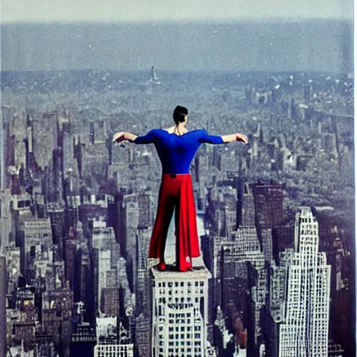 Image similar to superman from back hands on waist standing on top of the empire state building strong stance photo by annie leibovitz