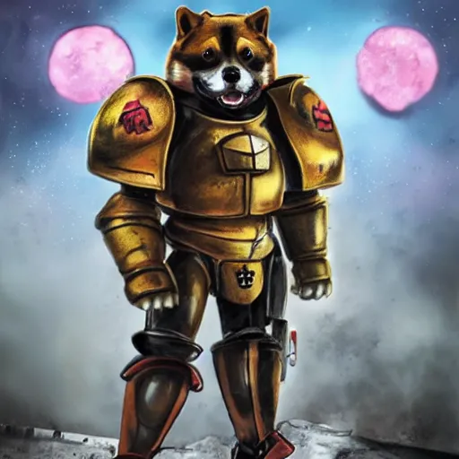 Prompt: anthropomorphic shiba inu, wearing warhammer 4 0 k strongest black exoskeleton power armor without helmet, holding sci - fi laser gatling gun, post apocalyptic sci - fi background