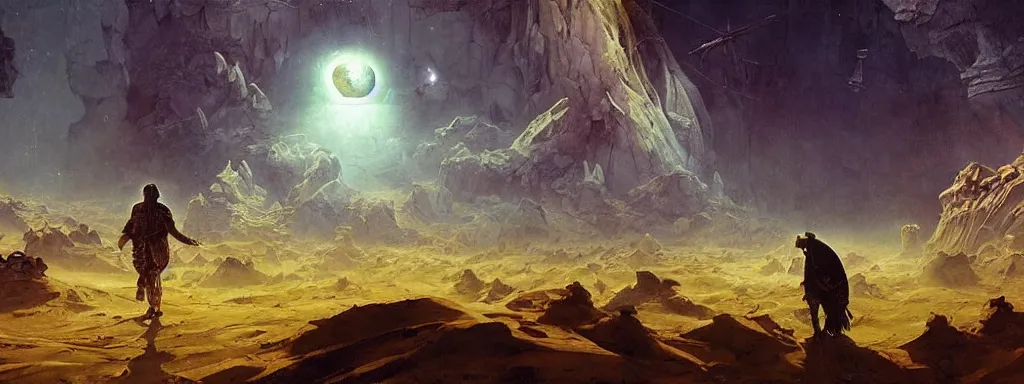 Image similar to A fresco painting of a nomadic wanderer traversing a corrupted futuristic crystal desert by Jacek Yurka, Kelly Freas, Filip Hodas, Paul Lehr, Dan Mumford, Max Ernst, Roger Dean, Caspar David Friedrich, Barclay Shaw