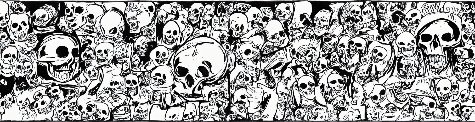 Prompt: film strip of a zany cartoon starring a skull, thick line work