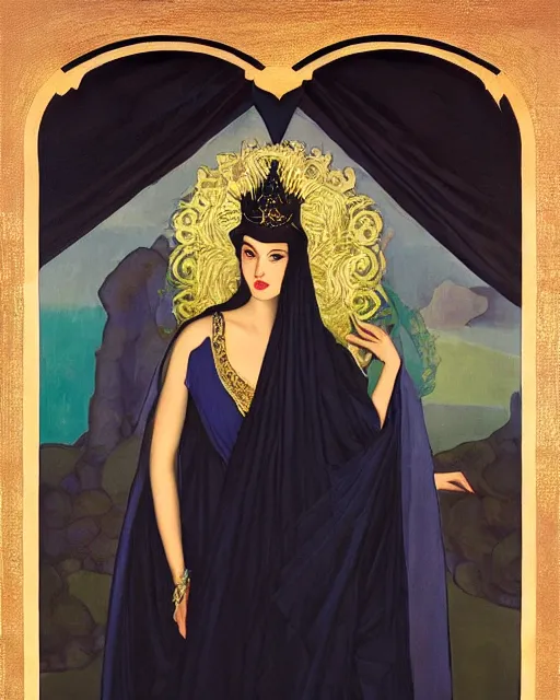 Prompt: a oil painting of a pale skin dark hair curls queen at a royal funeral, veil, black dress, crown by bruce pennington by armstrong wolf, by hans emmenegger by nicholas roerich, art nouveau, pale tone, airbrush, drapery, curtain, dawn