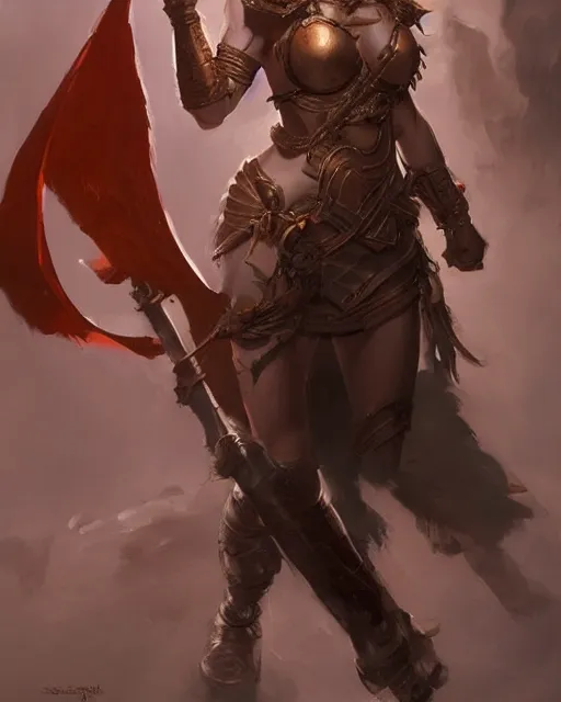 Image similar to full body portrait of a beautiful female warrior by stanley artgerm lau, wlop, rossdraws, frank frazetta, andrei riabovitchev, marc simonetti, tranding on artstation