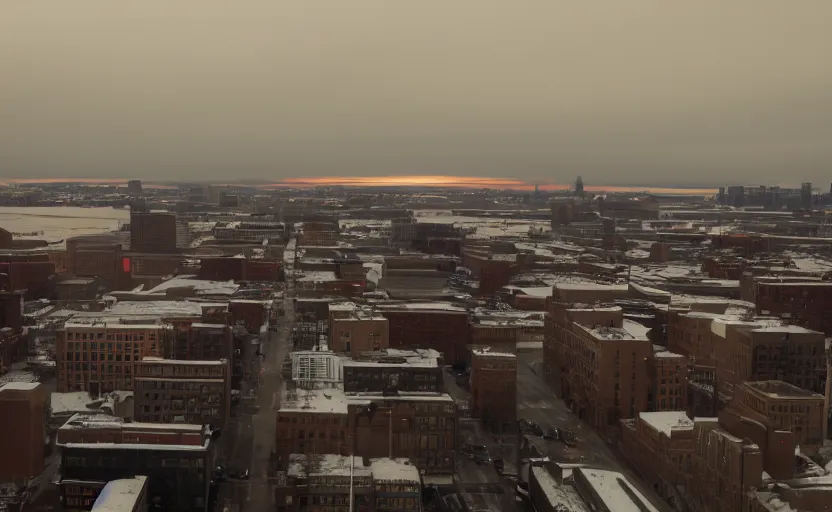 Image similar to photo of sunrise view of buffalo as seen from bus, scene from being john malcovich film directed by charlie kaufman ( 2 0 0 1 ), moody cinematography and lighting, 2 4 mm anamorphic lens