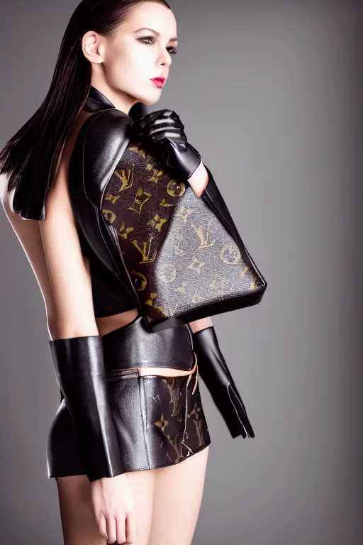 Prompt: beautifull model, wearing louis vuitton leather outfit, luxury materials, symmetrical, cinematic, elegant, professional studio light, real dlsr photography, sharp focus, 4 k, ultra hd, sense of awe, high fashion