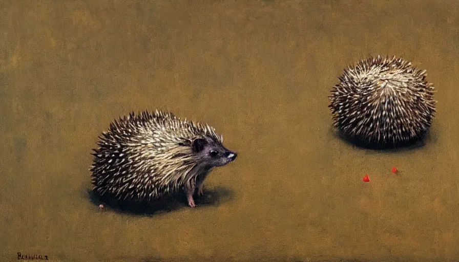 Prompt: painting by borremans, hedgehog with purple needles hides under fly agaric from the rain, detailed, stunning