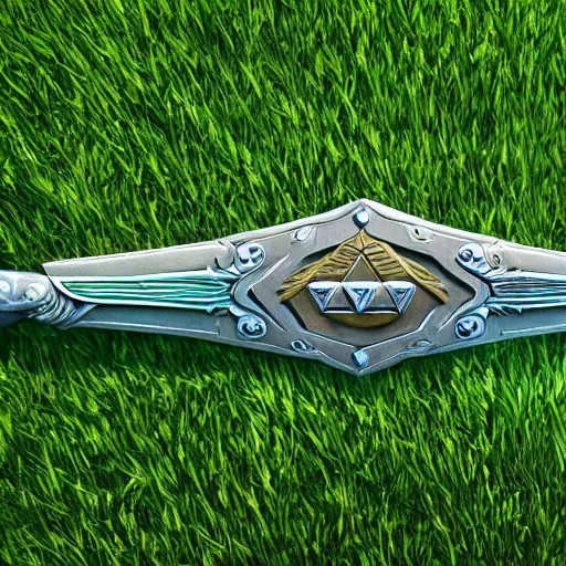 Prompt: master sword from the legend of zelda laying in grass, realistic, epic lighting, 8 k, photorealistic, beautiful surroundings