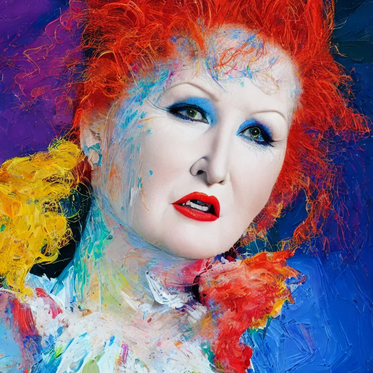 Prompt: close up studio portrait of Cindy Lauper wearing an Issey Miyake dress in 1985, impasto heavy brushstrokes oil painting by Norman Rockwell and Tim Hawkinson and Cy Twombly, Intense colors trending on artstation dramatic lighting Expressionism