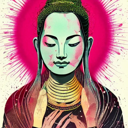 Image similar to contented female bodhisattva, praying meditating, portrait illustration by Conrad Roset
