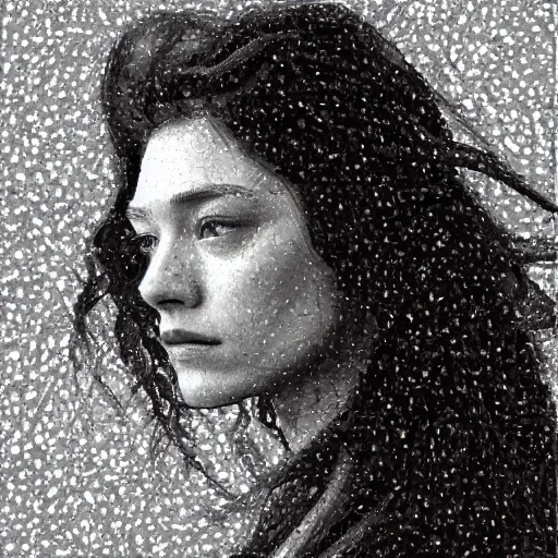 Prompt: professional painting of Astrid Frisbey in the style of Henri-Edmond Cross, head and shoulders portrait, symmetrical facial features, smooth, sharp focus, illustration, intricate, stormy weather, extremely detailed masterpiece,