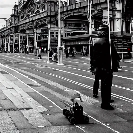 Prompt: a dystopian version of Flinders Street Melbourne Australia, robots in the street.