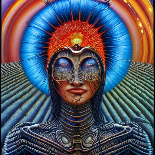 Prompt: the queen of the sun by jacek yerka, alex gray, zdzisław beksiński, dariusz zawadzki, jeffrey smith and h.r. giger, oil on canvas, 8k highly professionally detailed, trending on artstation