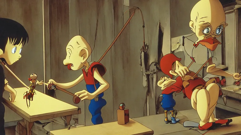 Image similar to geppetto making pinocchio, anime film still from the an anime directed by katsuhiro otomo with art direction by salvador dali, wide lens