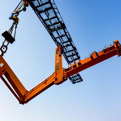 Image similar to digital photography of a crane lifting a container, shot from the ground looking up, close shot, clear sky