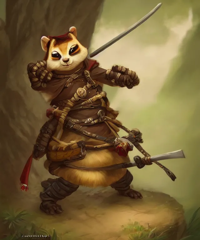 Image similar to anthropomorphic chipmunk samurai, samurai outfit, standing in a beautiful landscape, cute and adorable, dnd character art portrait, matte fantasy painting, deviantart artstation, by jason felix by steve argyle by tyler jacobson by peter mohrbacher, cinematic lighting