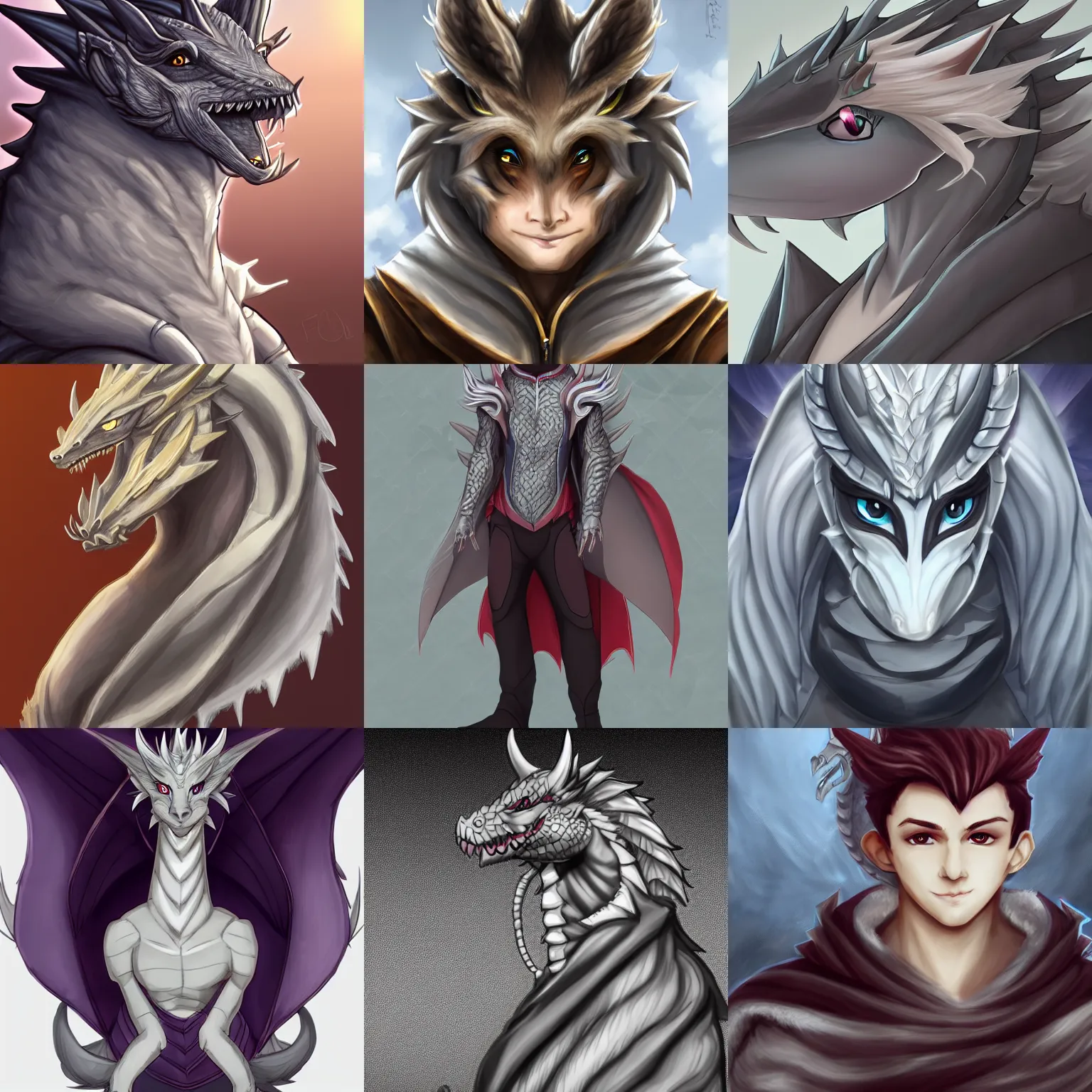 Image similar to very very beautiful half body side angle portrait of a handsome young anthropomorphic silver dragon, soft draconic features, cute eyes, wearing a luxurious silk cloak, commission on furaffinity, artstation, high quality digital art, warm colors