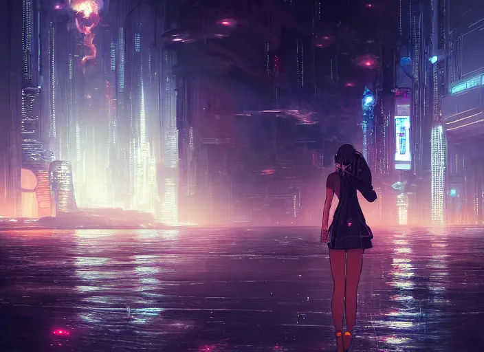 Image similar to girl staring at a meteorite hitting a floating cyberpunk city at night by wlop, key visual, high detail, digital art