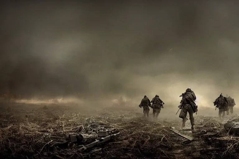 Image similar to desolate battleground, multiple soldiers on the ground!, thick dark smoke!, vehicles on fire, heavy rain from thick clouds, storm, (mushroom cloud) in the background, bleak, melancholy atmosphere, band of brothers, 4k artwork by Gregory Crewdson and Grzegorz Domaradzki and Ivan Shishkin and Jakub Rozalski