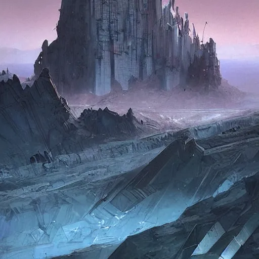 Image similar to view from a wasteland plain of a jagged mountain with a black arcology driven like a spear into the glacier, rust-colored waterfalls pouring from its upper balconies, blue radiation glow beneath, science fiction concept art by Greg Rutkowski and Moebius and Beksinski and Le Corbusier