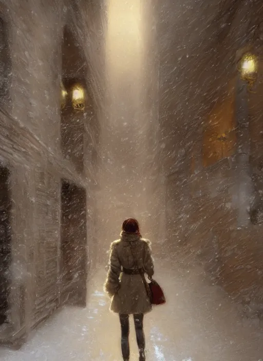Prompt: back of emma stone in beige coat, walking into new york apartment building in winter, opening door, building entrance, snow, zoomed out, artwork by gaston bussiere, craig mullins, trending on artstation