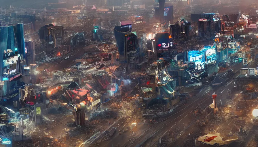 Image similar to Cinematic view of damaged Las Vegas after the fall of a giant robot, hyperdetailed, artstation, cgsociety, 8k