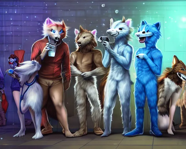 Image similar to high - resolution photograph from a nanopunk era furry fandom convention ( midwest furfest 2 0 4 7 ), taking place after the genetic revolution and singularity. photorealistic.