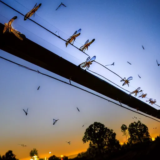 Image similar to dslr photo freeway photo at night, dragonflies create the lights, very high quality lights, intricate details, extremely high quality, moody lighting, real camera, real photo, slow - shutter, 8 k, full subject in shot