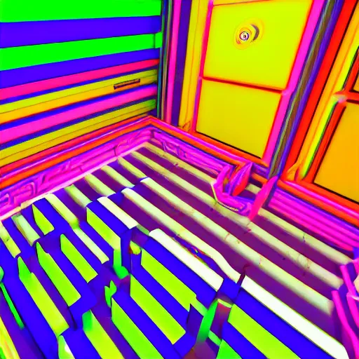 Prompt: empty neverending room pinball aesthetic, neon candy stripe, fluorescent tesselation, pinks and yellows, the walls are gyrating, in the style of mc escher, C 10.0