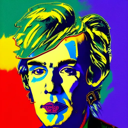 Prompt: An extremely psychedelic portrait of Andy Warhol, surreal, LSD, face, detailed, intricate, elegant, lithe, highly detailed, digital painting, artstation, concept art, smooth, sharp focus, illustration