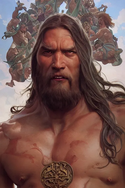 Prompt: hulking herculean ogre jesus christ, on the cross, masterpiece, intricate, elegant, highly detailed, digital painting, artstation, concept art, smooth, sharp focus, illustration, art by artgerm and greg rutkowski and alphonse mucha and uang guangjian and gil elvgren and sachin teng, symmetry!!