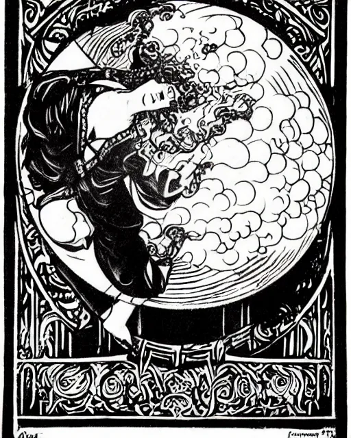 Prompt: a black and white drawing of a crystal ball surrounded by smoke, an engraving by ernest bieler, behance, art nouveau, concert poster, pre - raphaelite, woodcut