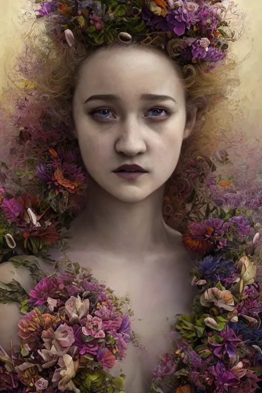 Prompt: closeup portrait shot of julia garner as delirium of the endless, the sandman, the fairy queen, floral growth, thick fancy makeup, highly detailed, digital painting, artstation, concept art, soft focus, depth of field, artgerm, tomasz alen kopera, peter mohrbacher, donato giancola, wlop, boris vallejo