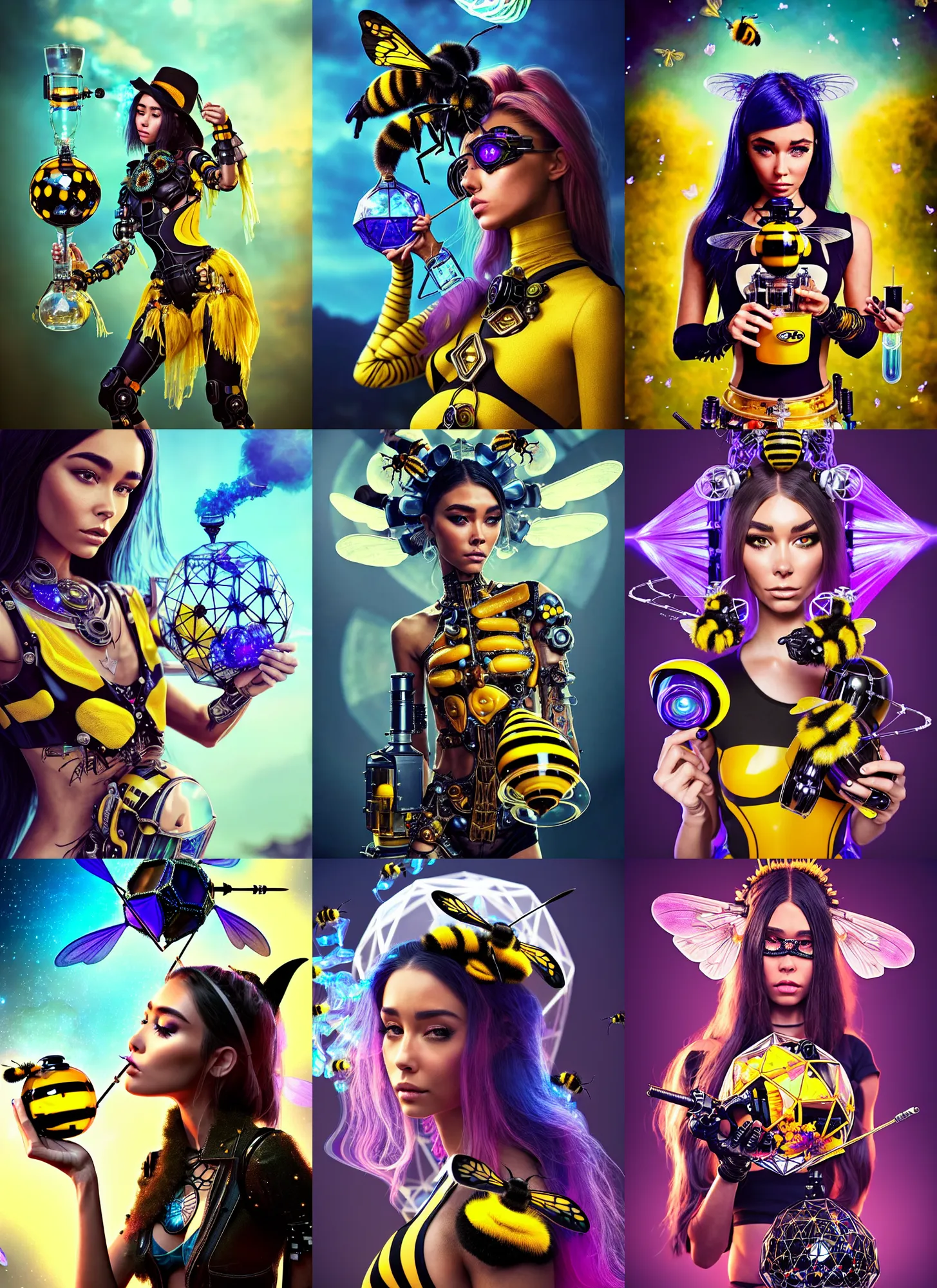 Prompt: polished lush obsidian bumblebee cowgirl raver madison beer ornate floral cyborg smoking a geodesic bong : : weta disney pixar movie still photo : : hi - fructose, sci fi, decadent highly - detailed digital painting, golden ratio, octane render, artstation, smooth, sharp focus, beeple, artgerm mucha, wlop : :