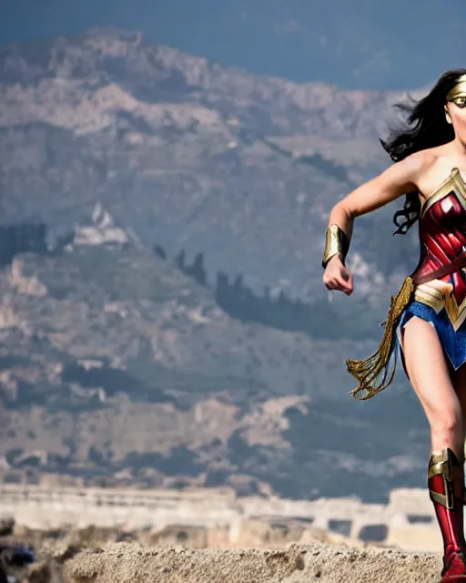 Image similar to gal gadot as wonder woman, at the 2 0 0 - meter starting line, ancient greek olympic trials, mount olympus can be seen off in the distance, sports photography in the style of neil leifer, no dof