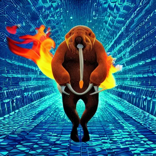 Prompt: Walrus holding a flamethrower jumping out of the ocean backwards, Databending, Chinese Painting, Floodlight, Posterization, Cherenkov Radiation