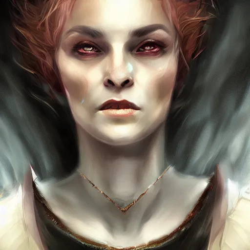 Image similar to portrait of a malevolent witch, D&D, beautiful, realistic, cinematic lighting, fantasy digital painting