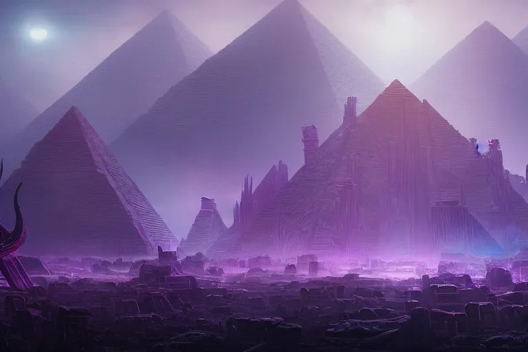 Prompt: An Eldritch Organic Dystopian Empire of The Void made of eyeballs and tentacles, Purple and Blue colored, 4k, Pyramids. masterpiece, cinematic, glowing, by Greg Rutkowski, Trending on Artstation, Behance. Polished, Volumetric Lighting