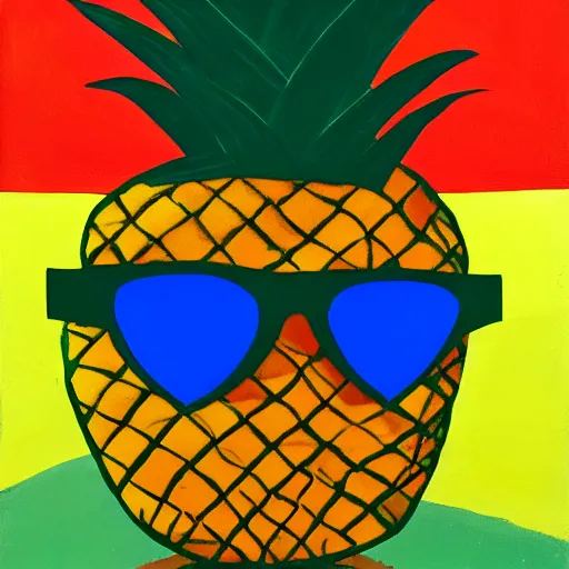 Prompt: a color field painting of a pineapple with sunglasses